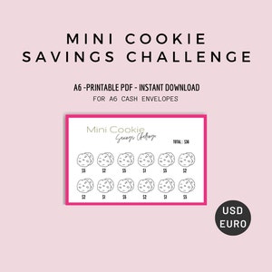 Mini Savings Challenge Cookie, For A6 Envelopes, Cash Envelopes, Low Income, A6, PDF, Dollars, Euros
