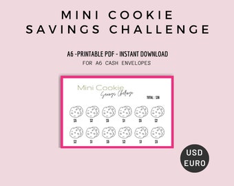 Mini Savings Challenge Cookie, For A6 Envelopes, Cash Envelopes, Low Income, A6, PDF, Dollars, Euros