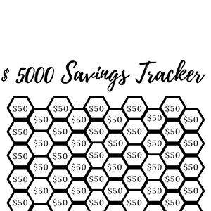 May include: A black and white printable savings tracker with a honeycomb design. The tracker is labelled "$5000 Savings Tracker" and each hexagon is labelled with "$50".
