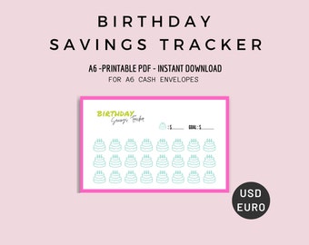 Birthday Savings Tracker For A6, Cash Envelopes, Mini Savings Challenge, A6, PDF, Dollars, Euros