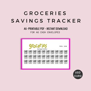 May include: A printable A6 Groceries Savings Tracker with a pink border. The text "GROCERIES SAVINGS TRACKER" is at the top. The tracker has illustrations of grocery bags with amounts of $5 and $10. The total savings amount is $250.