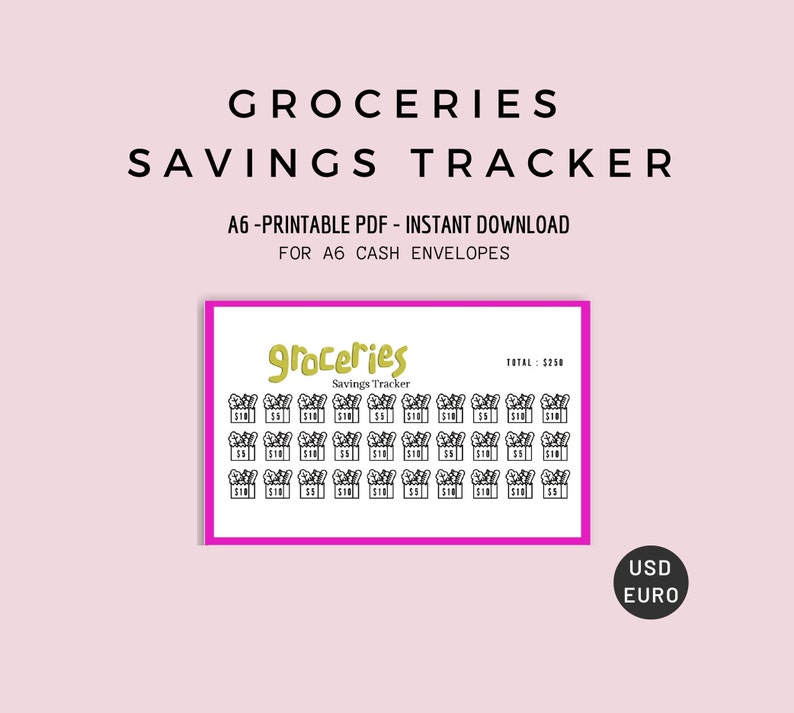 May include: A printable A6 Groceries Savings Tracker with a pink border. The text "GROCERIES SAVINGS TRACKER" is at the top. The tracker has illustrations of grocery bags with amounts of $5 and $10. The total savings amount is $250.