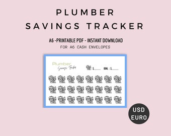 May include: A printable A6 savings tracker sheet with a plumber illustration. The sheet has 36 spaces to track savings with a goal section and USD/EURO currency options.