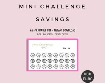 Mini Savings, Savings Tracker For A6, Cash Envelopes, Save 100 Challenge, A6, PDF, Dollars, Euros