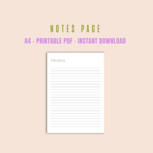 Notatki Minimalistyczna strona do druku, papier do notatek w linie, wkładka do planera notatek, notatki A4, notatki PDF