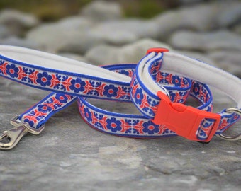 Vintage Scandanavian/Dutch Style Blue and Red Jacquard Ribbon & Fleece Adjustable Buckle Dog Collar with optional matching lead