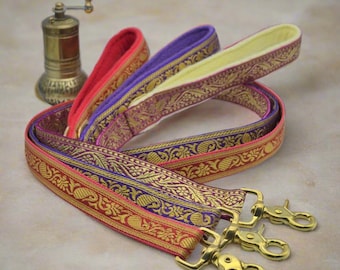 Luxury Dog Collar and Matching Lead Set 25mm Indian Gold Brocade Jacquard Ribbon Adjustable Buckle Pink/Red In Brass