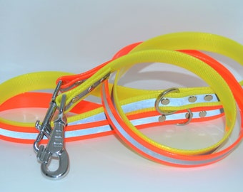 Reflective Hi Vis Yellow or Orange Waterproof PVC/TPU Coated Webbing Dog Lead 20/25mm wide- Wipe Clean & Bacteria Resistant Road Safety