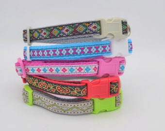 12mm Embroidered/Jacquard Ribbon Adjustable Fashion Buckle Dog/Puppy Collar- Lightweight Toy Breed 8-12" & 10-15"- Paisley/Hippy/Aztec