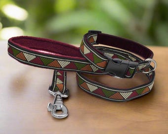 Retro Abstract Triangles Jacquard Ribbon & Velvet Lined Adjustable Buckle Dog Collar, Lead or Set- Maroon - Antifreeze Stainless Steel
