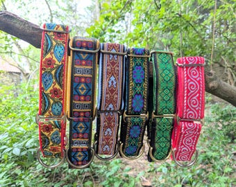 1 of 2 Luxury Fleece Lined Jacquard Ribbon Adjustable 38mm Wide Greyhound/Lurcher/Whippet Martingale Dog Collar- Multiple Designs