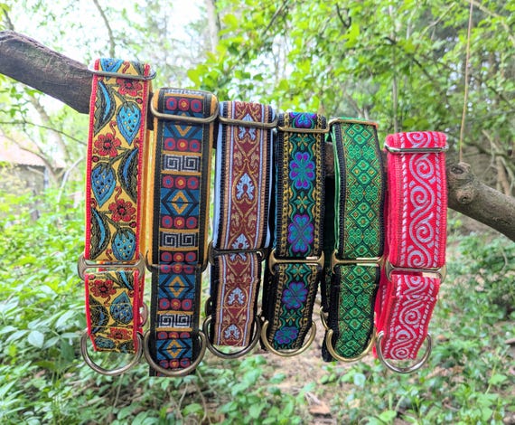 1 of 2 Luxury Fleece Lined Jacquard Ribbon Adjustable 38mm Wide Greyhound/Lurcher/Whippet Martingale Dog Collar- Multiple Designs