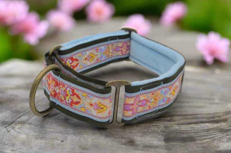 May include: A pet collar featuring a decorative ribbon with a repeating floral pattern in shades of red, yellow, and light blue, set against an olive green webbing base. The collar includes antique brass hardware and a soft, light blue padded lining.