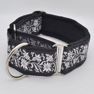 Luxury Jacquard Ribbon/Fleece Adjustable 50mm Wide Greyhound/Lurcher/Sighthound/Mastiff/Great Dane Martingale Dog Collar- Multiple Designs Black/Silver