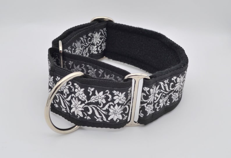 Luxury Jacquard Ribbon/Fleece Adjustable 50mm Wide Greyhound/Lurcher/Sighthound/Mastiff/Great Dane Martingale Dog Collar- Multiple Designs Black/Silver