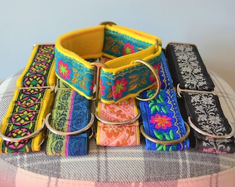Luxury Jacquard Ribbon/Fleece Adjustable 50mm Wide Greyhound/Lurcher/Sighthound/Mastiff/Great Dane Martingale Dog Collar- Multiple Designs