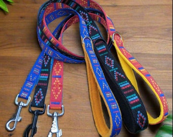 Mexican Weave Southwestern Aztec/Tribal Webbing Dog Lead With Fleece Handle- Black or Red- can be custom length