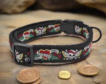 Pirates Skull/Crossbones Biker Style Love Life Patten Buckle Dog Collar- Jacquard Ribbon & Black Fleece Lined