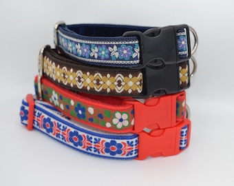 Vintage Floral Ribbon & Fleece/Velvet Luxury Adjustable Quick Release Buckle Dog Collar- multiple designs (matching lead available)