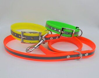 Reflective Hi Vis Yellow/Green/Orange Waterproof Coated Webbing Pin Buckle Adjustable Dog Collar Solid brass/Silver Metal Bacteria Resistant
