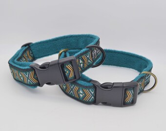 Turquoise Aztec Jacquard Ribbon & Fleece Adjustable Side Release Buckle Dog Collar Antifreeze plastic- 3 sizes Silver/Black/Antique Brass!