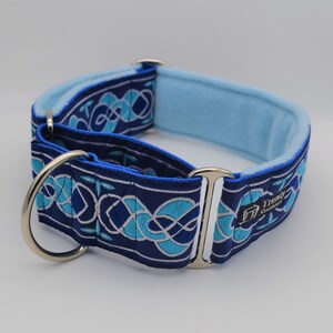 Luxury Jacquard Ribbon/Fleece Adjustable 50mm Wide Greyhound/Lurcher/Sighthound/Mastiff/Great Dane Martingale Dog Collar- Multiple Designs Blue Vintage