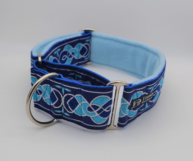 Luxury Jacquard Ribbon/Fleece Adjustable 50mm Wide Greyhound/Lurcher/Sighthound/Mastiff/Great Dane Martingale Dog Collar- Multiple Designs Blue Vintage