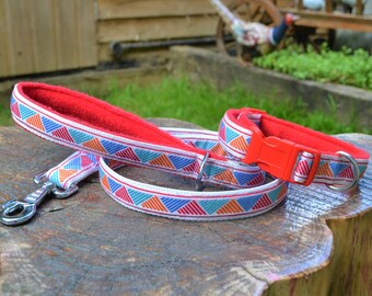 Retro Abstract Triangles Jacquard Ribbon & Fleece/Velvet Adjustable Buckle Dog Collar or Lead Black, Wine or Red