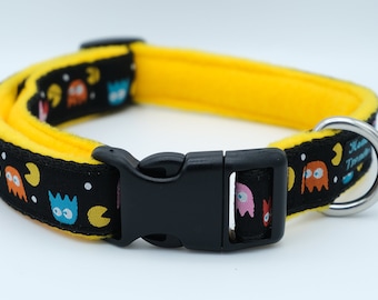 Retro Gaming PacMan Jacquard Ribbon & Fleece Lined Luxury Adjustable Fashion Anti-Freeze Side Release Buckle Dog Collar 20/25mm wide
