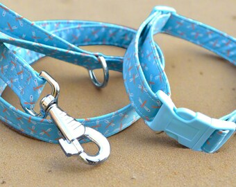 16mm 20mm 25mm Wide Orange Dragonflies on Blue Fabric Adjustable Buckle Dog/Puppy Collar and Matching Lead Set