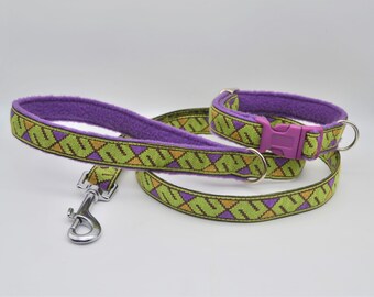 Luxury Lined 20mm Vintage Purple/Green Geometric Pattern Woven Ribbon & Fleece Adjustable Buckle Dog Collar and Matching Lead Set