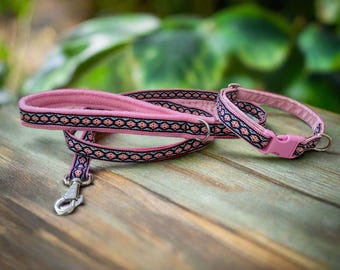 Luxury Lined 16mm Pink Southwestern Pattern Woven Ribbon & Velvet Adjustable Buckle Dog Puppy Toy Breed Collar and Matching Lead Set