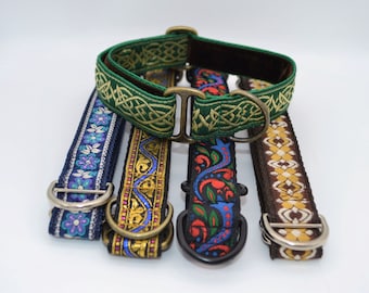 Multiple Designs- 25mm/1 inch Wide Single Loop Dog Slip On House ID Tag Collars Jacquard Ribbon & Velvet Lining Floral/Indian/Tribal/Celtic