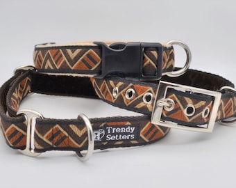 Brown Aztec/Inca Pattern Luxury Jacquard Ribbon and Fleece Dog Collar Antifreeze Buckle With Optional Lead