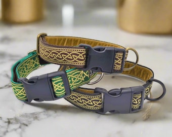 Green/Brown/Black/Blue & Metallic Gold Celtic Knot Design Jacquard Ribbon Velvet Lined Antifreeze Buckle Dog Collar Antique Brass/Stainless