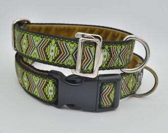 Green Aztec Jacquard Ribbon & Fleece Adjustable Buckle Dog Collar Anti freeze Plastic or Blip Buckle- 3 sizes! Black/Antique Brass/Silver