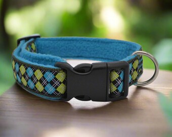 Luxury Blue/Green Argyle Pattern Jacquard Ribbon & Fleece Adjustable Buckle Dog Collar Anti Freeze Plastic