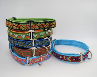 Multiple Designs 20mm wide webbing- Single Loop Dog Slip On House ID Tag Collars Jacquard Ribbon/Velvet Lined Aztec/Ethnic Antique Brass