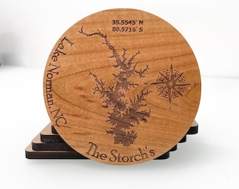 Custom Laser Engraved Lake Map Wood Coasters - Personalized Lake House Decor