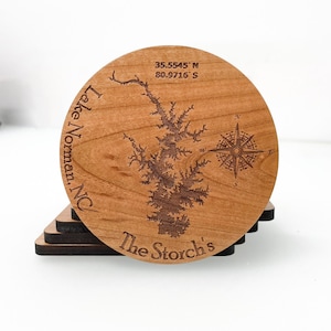 Custom Laser Engraved Lake Map Wood Coasters - Personalized Lake House Decor