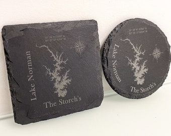 Custom Lake Map Slate Circle OR Square Coasters - ANY LAKE! sets of 4, 6, 8, 12 - lake house décor Laser Engraved