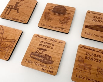 Custom Lake Wood Coasters - ANY LAKE! sets of 4, 6, 8, 12 - lake house décor Laser Engraved coordinates, boat, chair, fishing