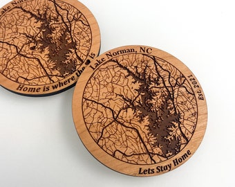 Custom Lake Map Wood Coasters – Laser Engraved Lake House Decor
