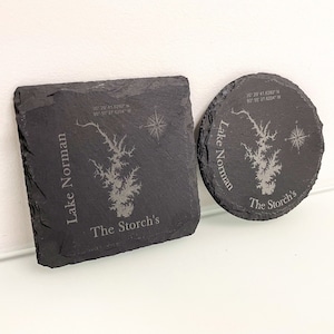 Custom Lake Map Slate Circle OR Square Coasters - ANY LAKE! sets of 4, 6, 8, 12 - lake house décor Laser Engraved