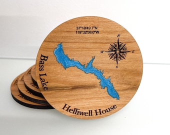 Custom Lake Map Coasters - Engraved Wood, Epoxy Lake House Decor