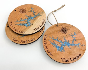 Lake Map Epoxy Ornaments - ANY LAKE! custom wood décor Laser Engraved