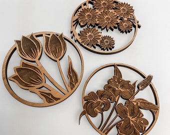 Floral Wooden Coaster - laser cut - Mother's Day, Gift for Her - Lily, Tulip, & Daisy