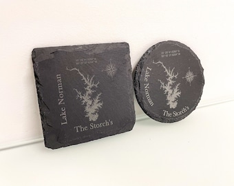 Custom Lake Map Slate Circle OR Square Coasters - ANY LAKE! sets of 4, 6, 8, 12 - lake house décor Laser Engraved