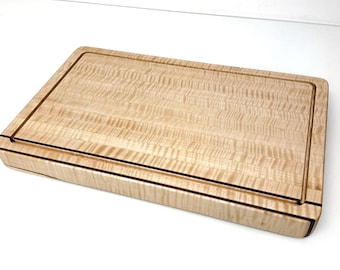 Handmade Curly Maple Cutting Board with Walnut Inlay Optional Juice Groove • Personalized Engraved Wood Board • Wedding & Housewarming Gift