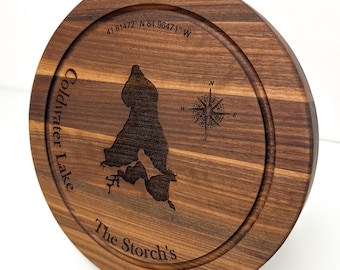 Engraved Lake Map Cutting Board | Handmade Walnut Wood